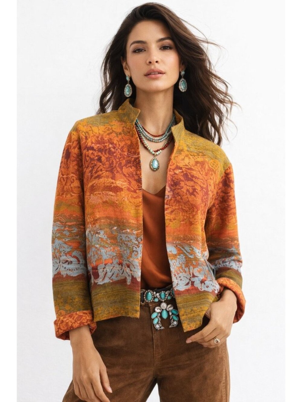 New Coldwater Creek Southwestern Artsy Multicolor Jacket Women L Linen Cardigan